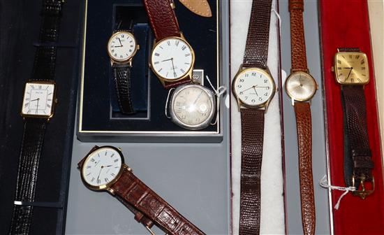 An Omega Geneve gentlemens cushion-shaped wristwatch, an Ingersoll trench-style watch and six other watches,